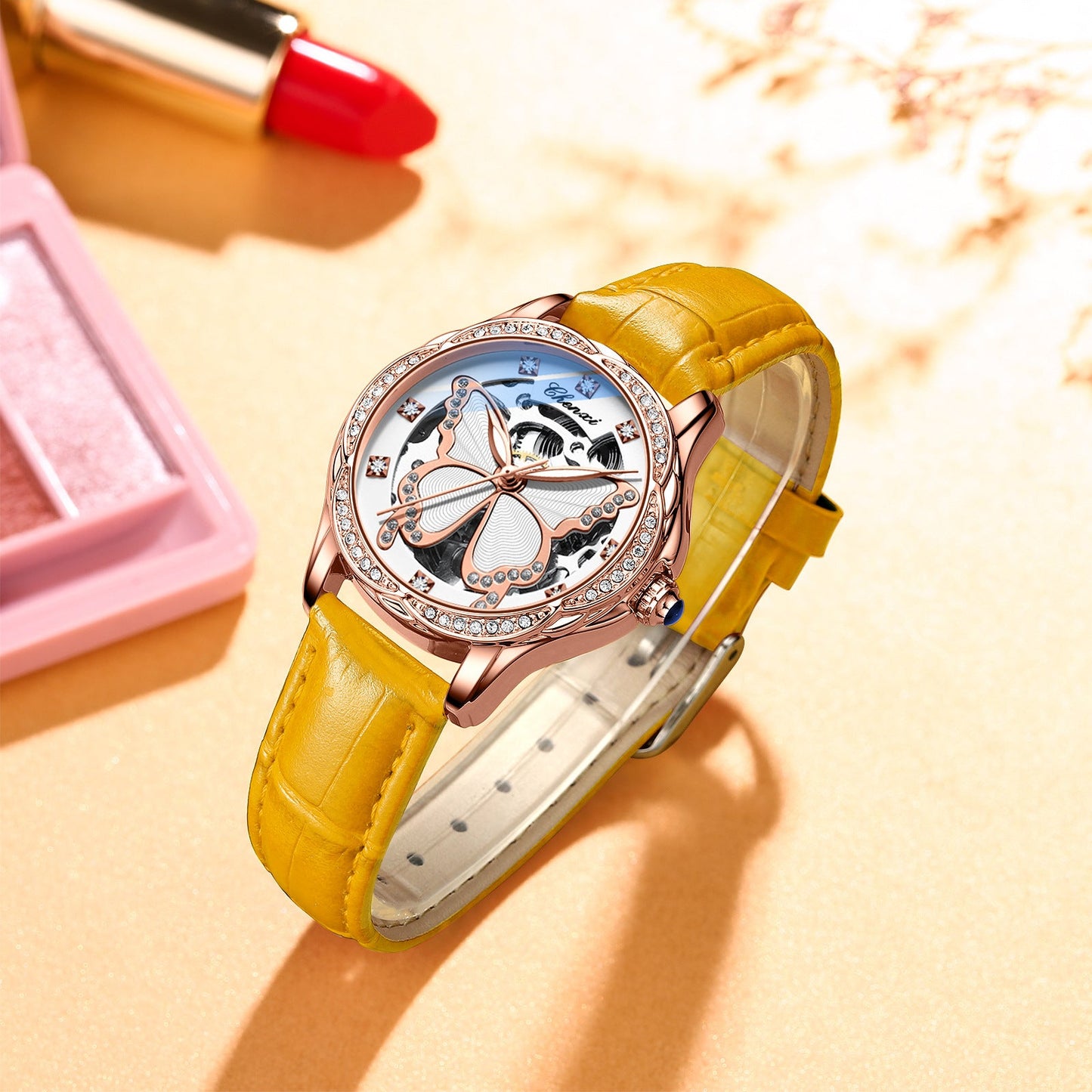 CHENXI® — Montre mécanique étanche pour femme au cadran orange élégant et ultra tendance.