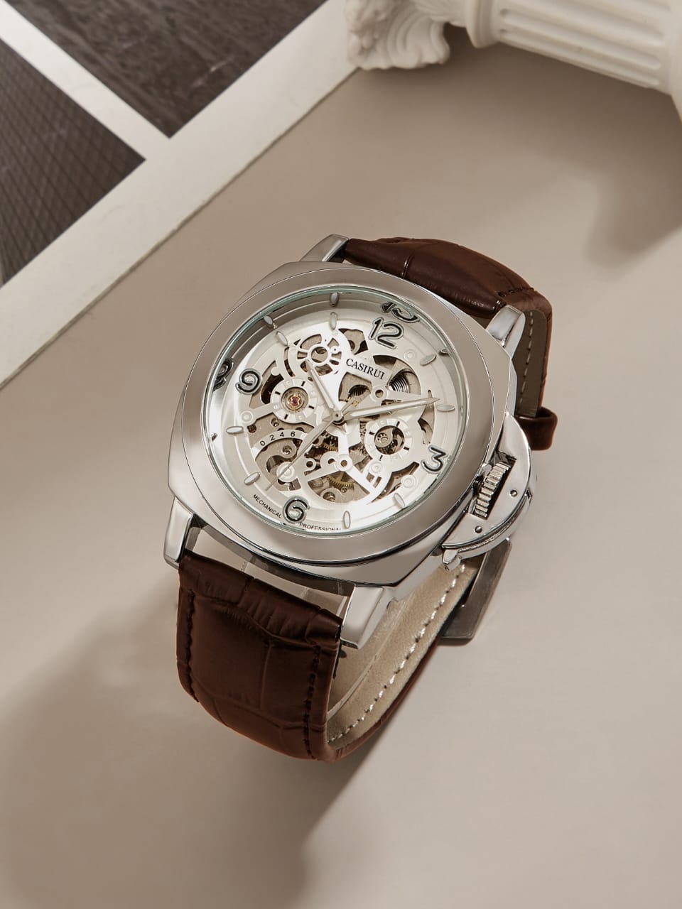 CASIRUI® : Montre Automatique Luxe Homme — Boîtier Plaqué Or, Bracelet Cuir Premium Et Aiguilles Dorées Élégantes.