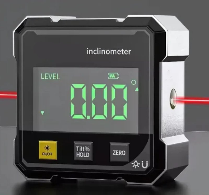 Inclinomètre numérique noir et aluminium affichant 0,00° avec sa ligne laser rouge