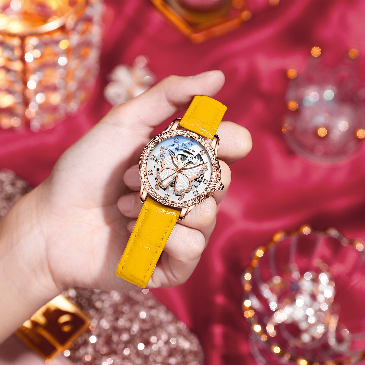 CHENXI® — Montre mécanique étanche pour femme au cadran orange élégant et ultra tendance.
