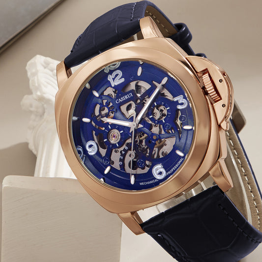 CASIRUI® : Montre Automatique Luxe Homme — Boîtier Plaqué Or, Bracelet Cuir Premium Et Aiguilles Dorées Élégantes.