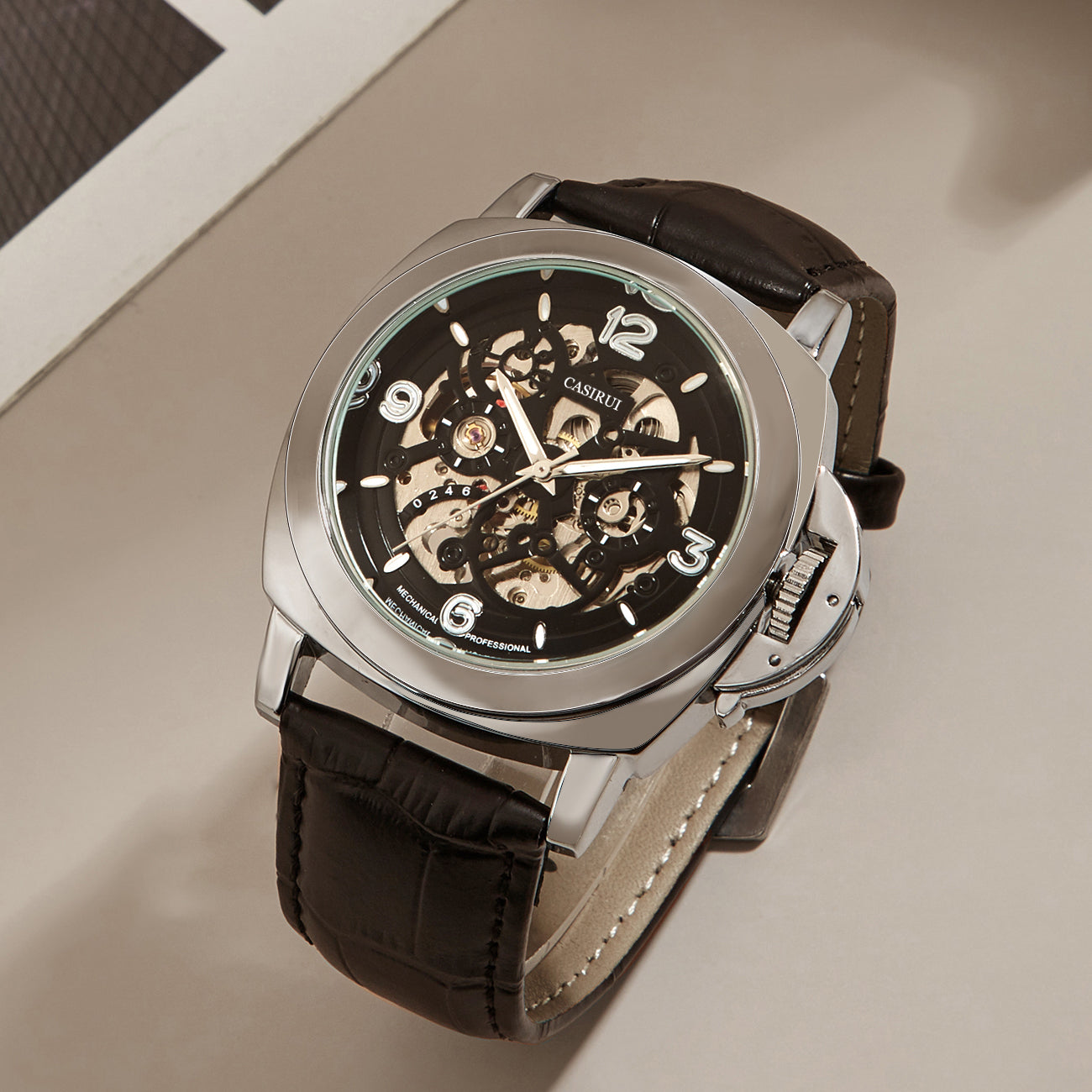 CASIRUI® : Montre Automatique Luxe Homme — Boîtier Plaqué Or, Bracelet Cuir Premium Et Aiguilles Dorées Élégantes.